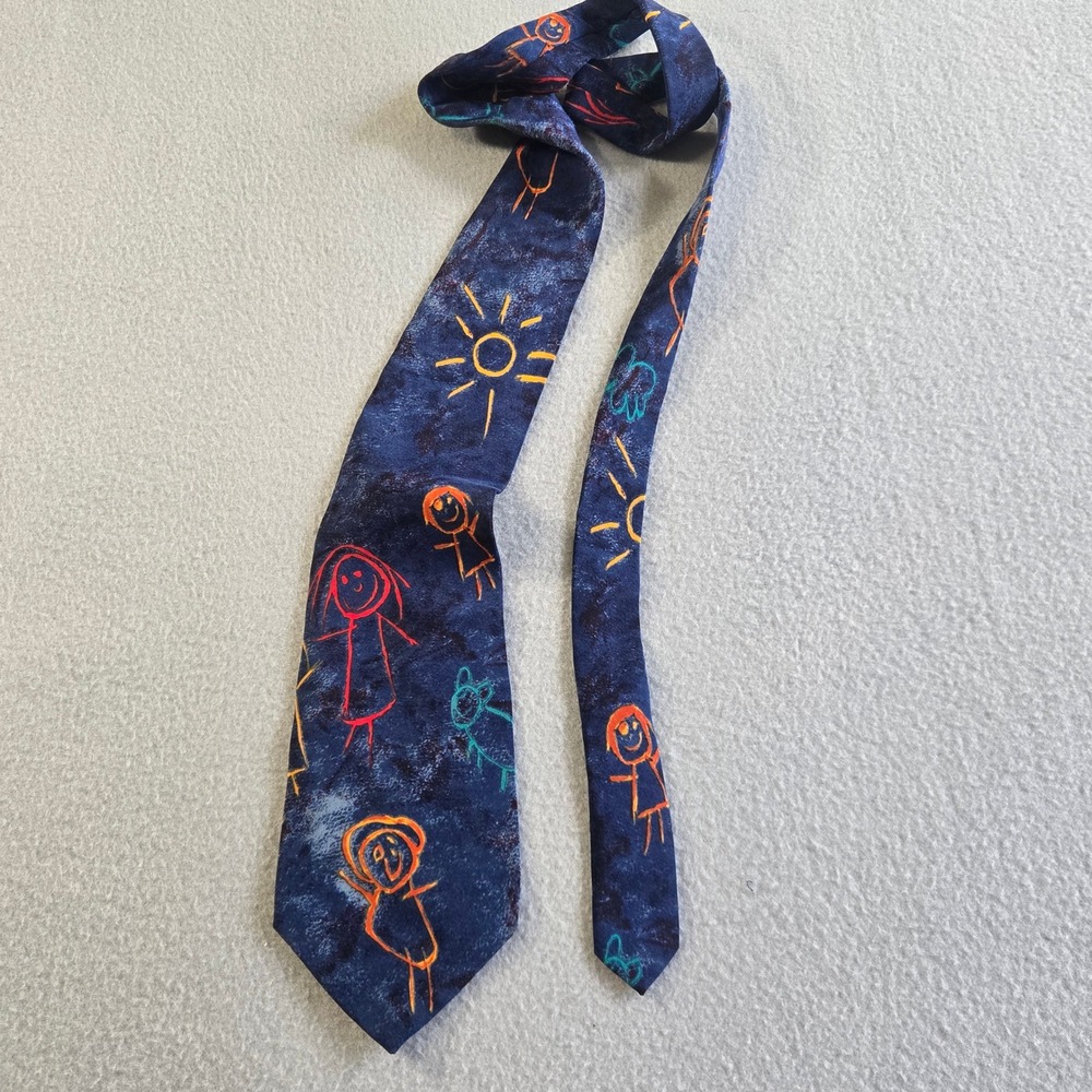 Save the Children Necktie Mens OS Navy Blue Silk Crepe Brian Age 4 Novelty Art
